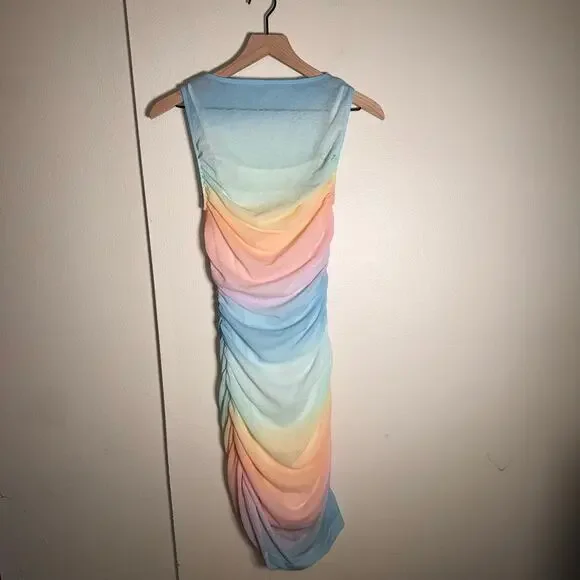 NWT ABERCROMBIE & FITCH The Trevor Project pastel rainbow ruched mesh dress XST - Picture 7 of 7